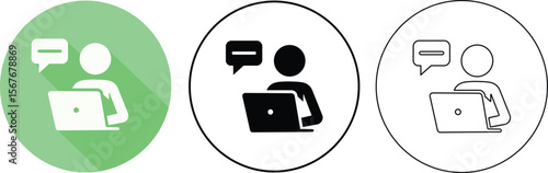Person using laptop and chat bubble icon in three different design styles