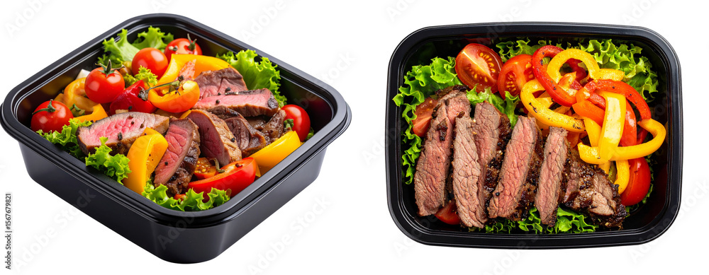 Grilled Meat and Veggie Salad in Black Plastic Meal Box, Isolated on Transparent Background PNG Grilled Meat and Veggie Salad in Black Plastic Meal Box, Isolated on Transparent Background PNG