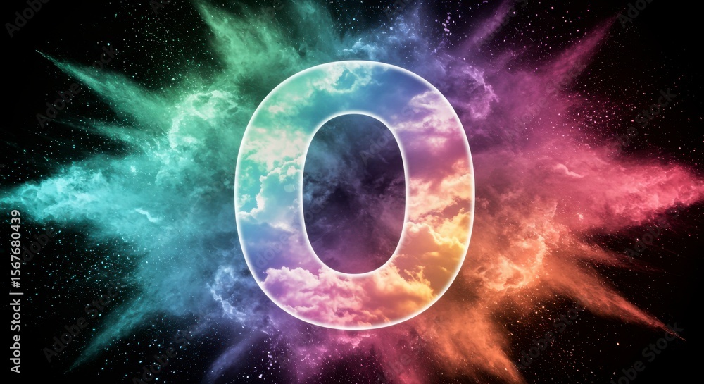 Obraz premium A vibrant, colorful explosion surrounds a white outlined '0', resembling a nebula or cosmic event