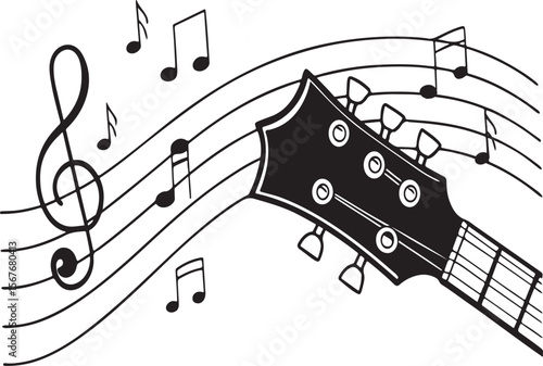 Black and white vector illustration of a guitar and musical notation symbols