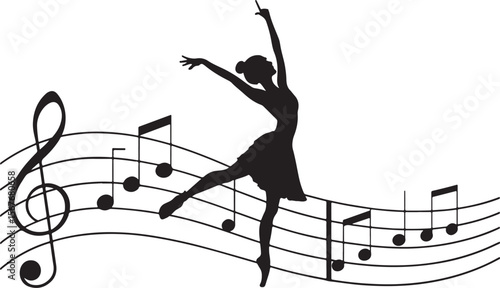 Elegant black silhouette of a ballet dancer performing among musical notes on white background