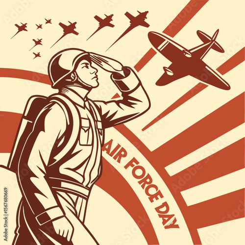 Vintage inspired soldier saluting aircraft formation salute military