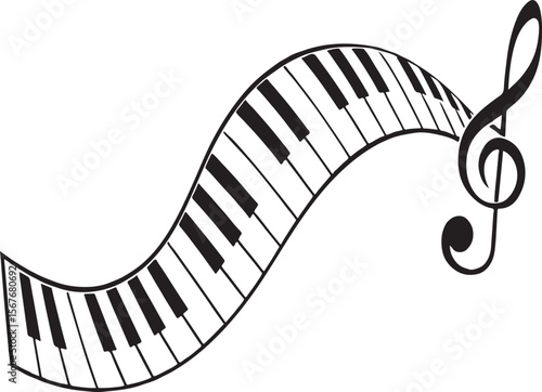 Elegant black and white piano keyboard seamlessly flowing with a musical treble clef symbol