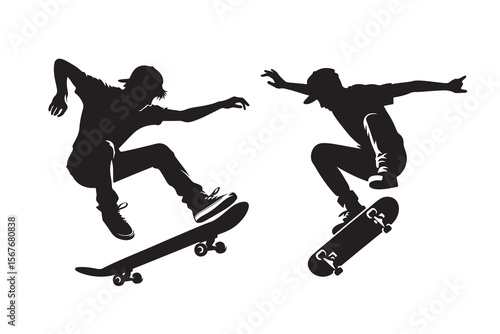 Set of A skateboarder performing a trick, Silhouette Vector icon, isolated on a white background