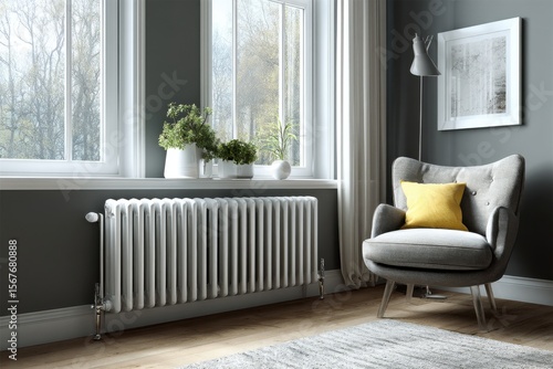 Bright living room features a contemporary radiator and a comfortable chair, complemented by sunlight streaming through the expansive windows