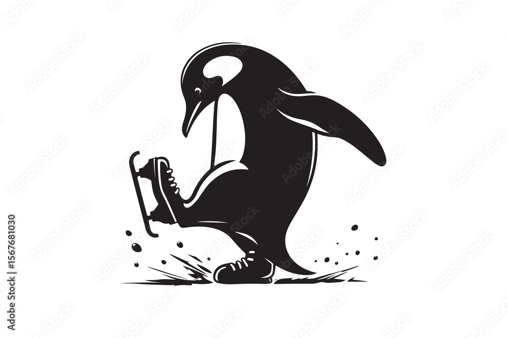 Obraz premium A penguin trying to ice skate but constantly slipping, isolated on a white background