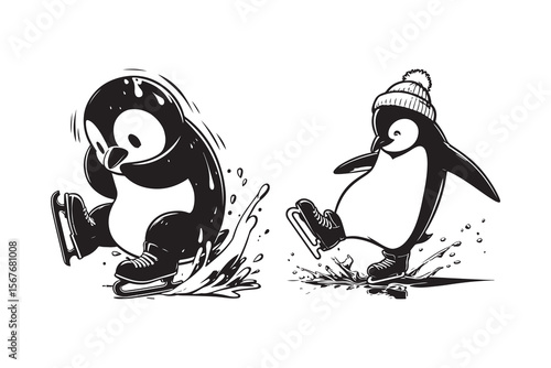  A penguin trying to ice skate but constantly slipping, isolated on a white background