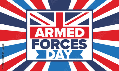 Armed Forces Day in United Kingdom. Great Britain flag. Veterans' and Memorial Day. Holiday to honoring the armed forces. British flag. Army Day. Creative art poster. Vector illustration