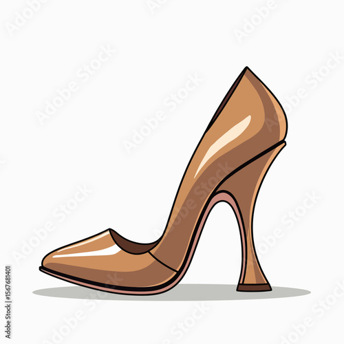 A stylish cartoon illustration of a single pointed-toe pump with a unique curved heel, showcased in a shiny bronze finish for a modern and chic fashion statement.
