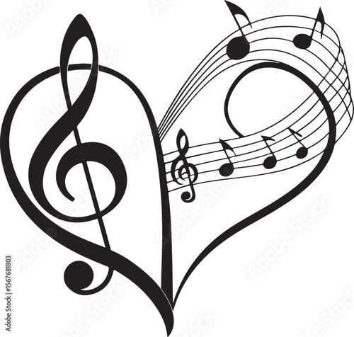 Heart shaped music symbol featuring treble clef and musical notes in black and white