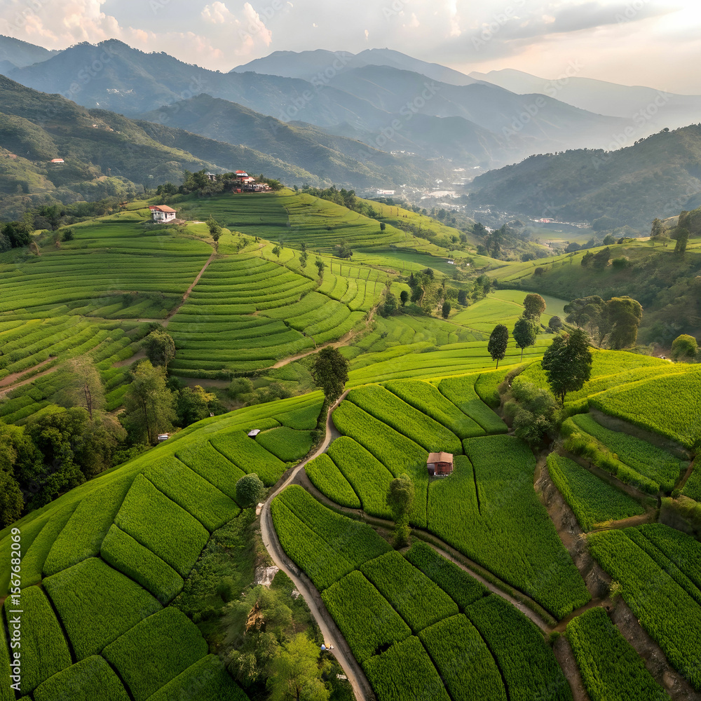 Fototapeta premium lush green terrace fields in swat from aerial dr