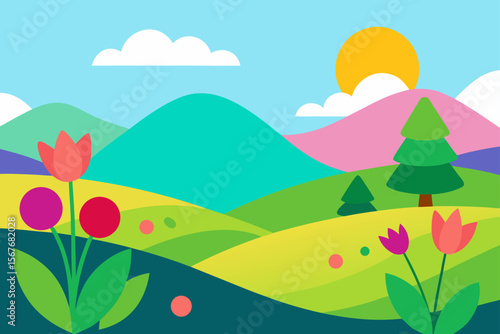 lorful spring bloom near distant hills