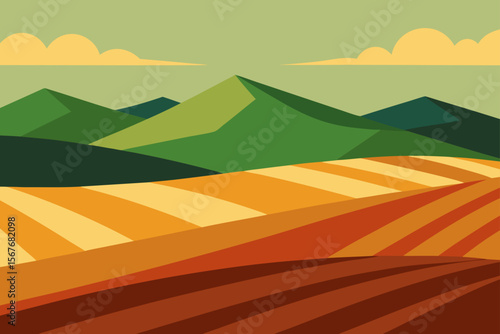 textured hills and fields with distant mountain