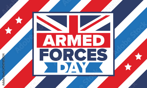 Armed Forces Day in United Kingdom. Great Britain flag. Veterans' and Memorial Day. Holiday to honoring the armed forces. British flag. Army Day. Creative art poster. Vector illustration