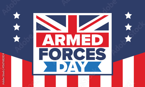 Armed Forces Day in United Kingdom. Great Britain flag. Veterans' and Memorial Day. Holiday to honoring the armed forces. British flag. Army Day. Creative art poster. Vector illustration