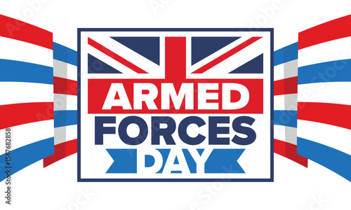 Armed Forces Day in United Kingdom. Great Britain flag. Veterans' and Memorial Day. Holiday to honoring the armed forces. British flag. Army Day. Creative art poster. Vector illustration