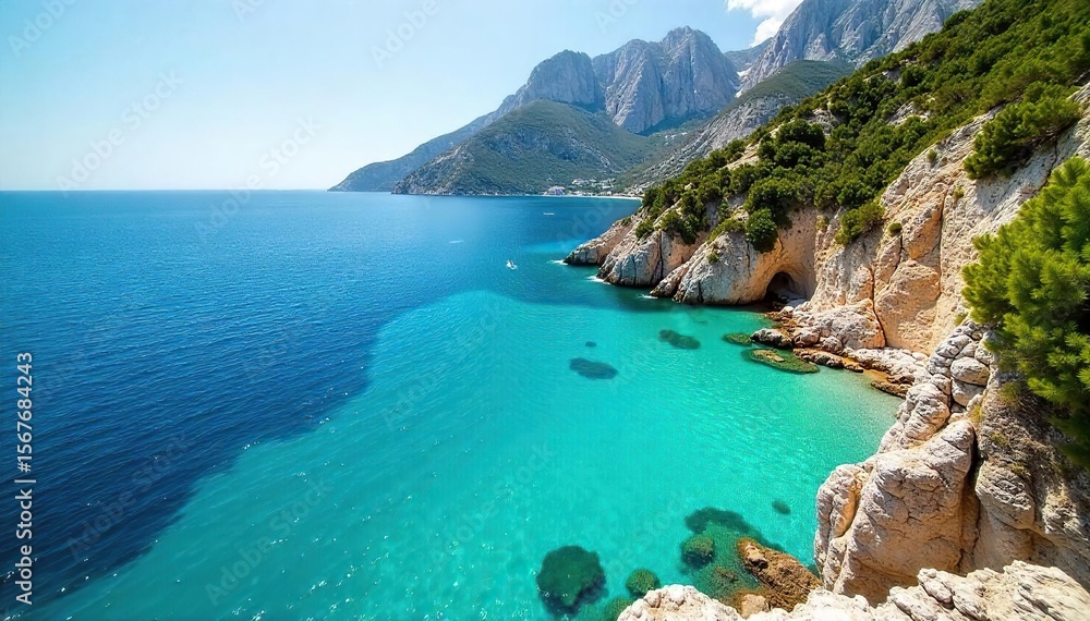 Fototapeta premium Serene Turquoise Lagoon Dramatic Cliffs, Lush Greenery, Idyllic Summer Escape