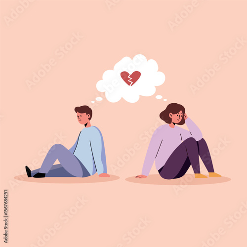 Illustration of a Couple Seated Apart with Thoughts of Heartbreak