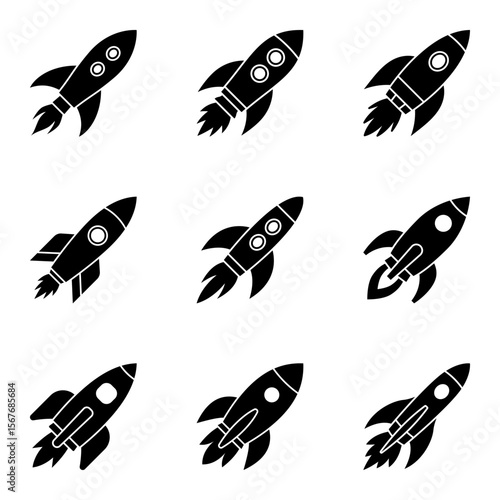 Set of Flying Rocket Icons in Silhouette Style.