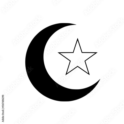 A black crescent moon with a star, a widely recognized symbol of Islam, representing faith and culture.