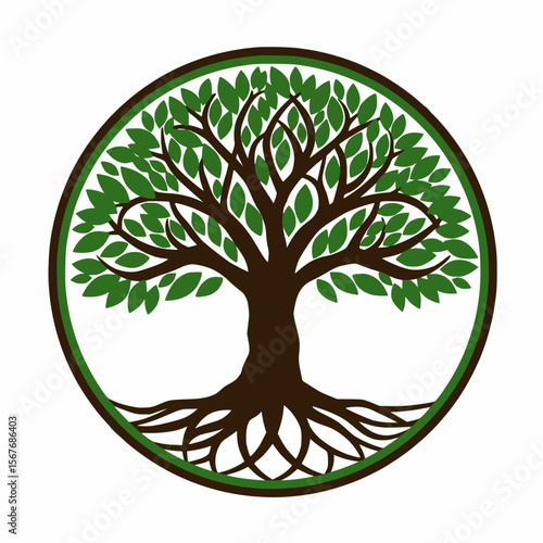 A very similar circular emblem showcasing a strong tree with intricate roots, reinforcing themes of life and heritage.