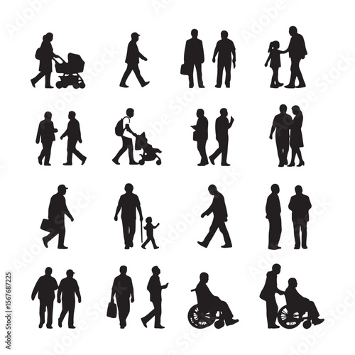 Diverse people silhouettes walking and interacting stroller wheelchair