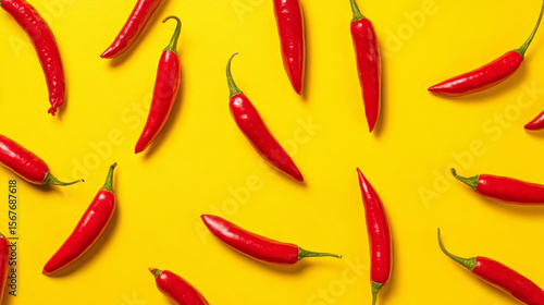 Hot red chili peppers on yellow background, pepper wallpaper