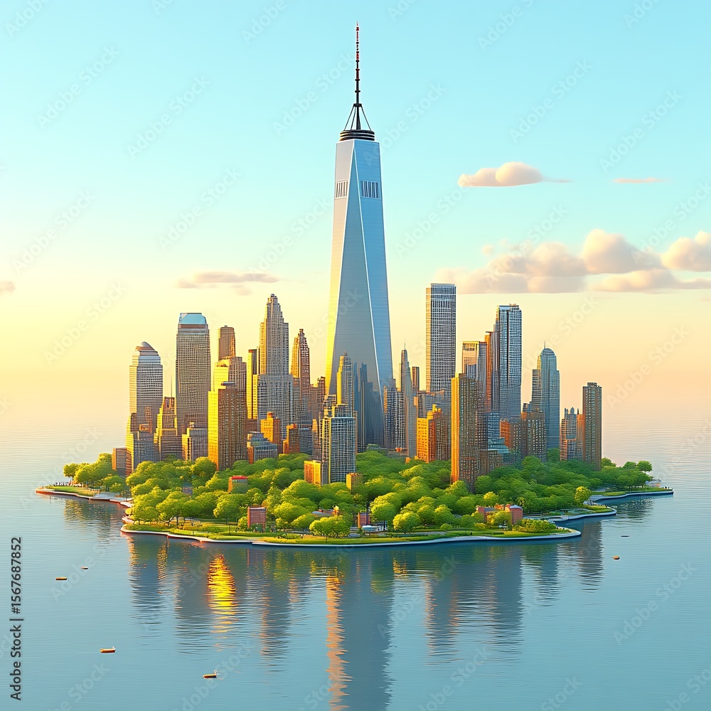 Fototapeta premium Cityscape of a stylized island with tall buildings and greenery.