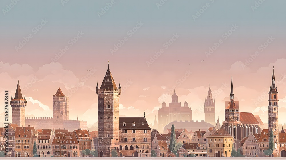 Naklejka premium Flat vector of Nuremberg skyline with iconic landmarks and sunset tones in elegant composition.