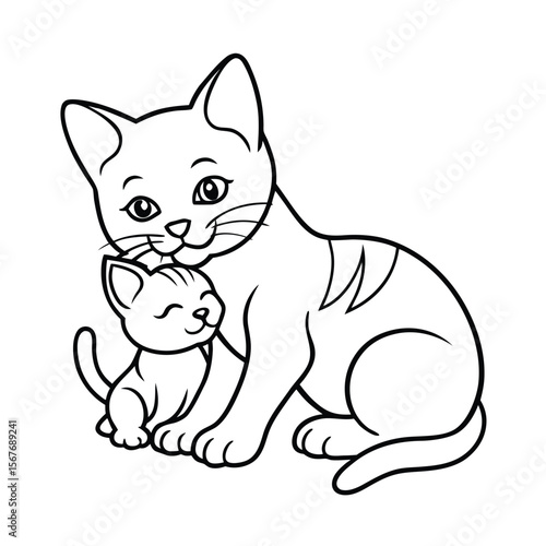 Cat nuzzling baby kitten with warm affection shown on white background Vector illustration