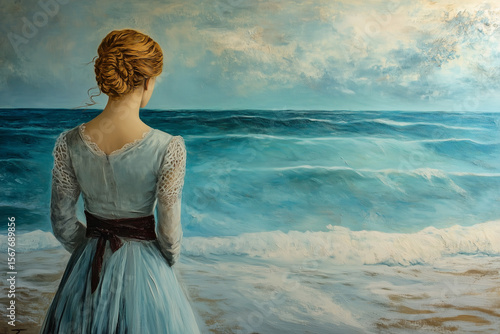 Woman seen from behind gazing at the ocean