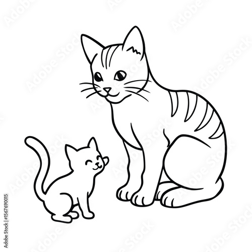 Cat protecting baby kitten with gentle paw hug on white background Vector illustration