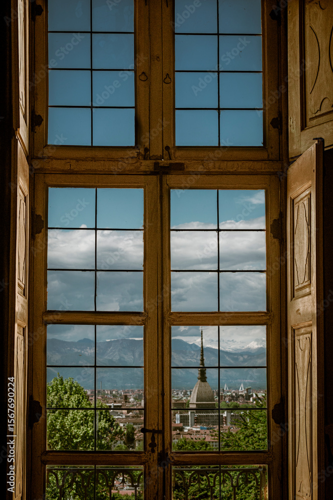 Fototapeta premium Turin, Italy July, 21st, 2025. Villa della Regina, the Queens Villa, on the hills of Turin is now closed for restoration. View above Turin from a window.