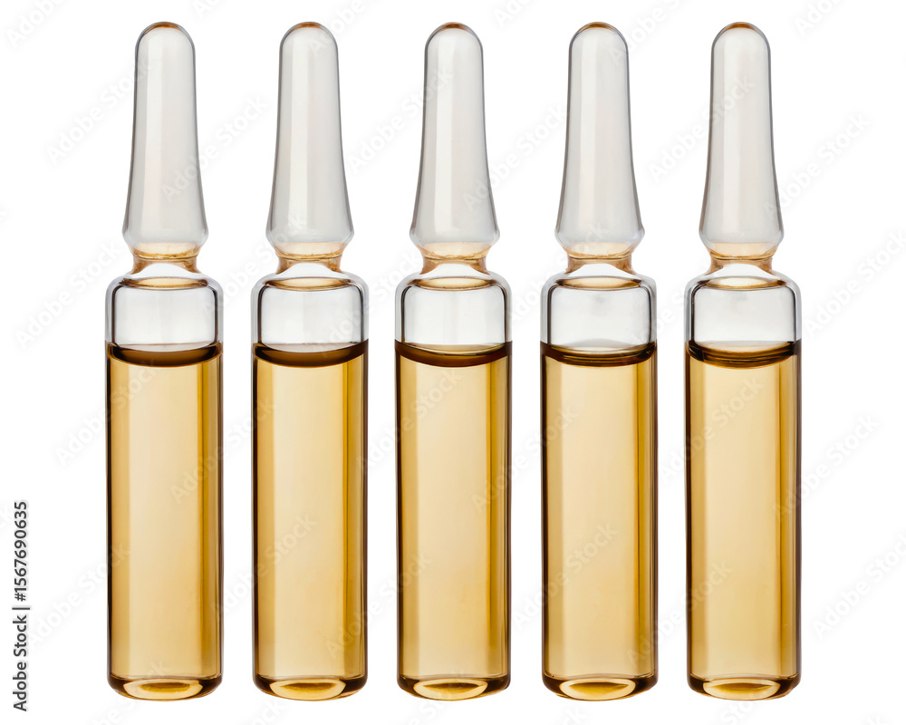 Five medical glass ampoules containing a golden vaccine on a transparent background Five medical glass ampoules containing a golden vaccine on a transparent background