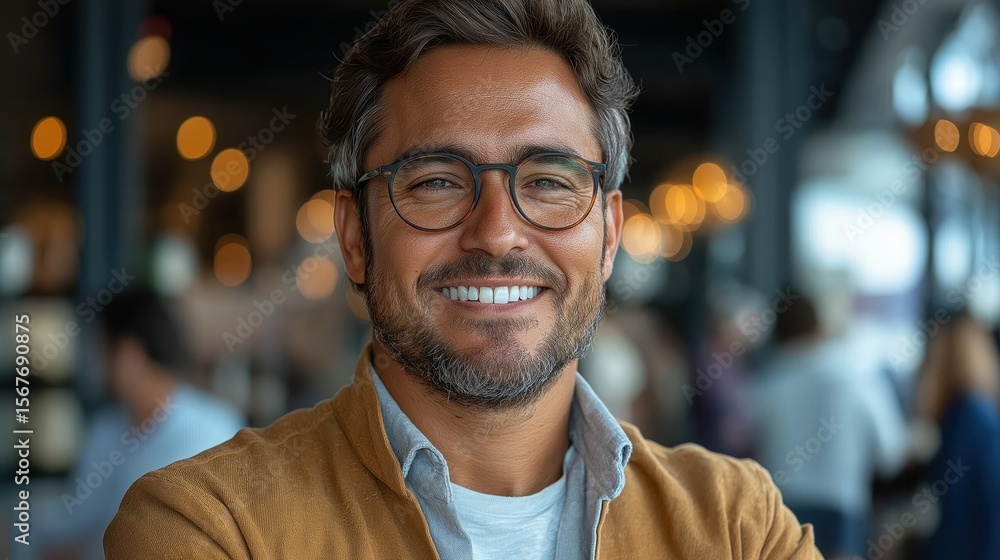 Fototapeta premium Smiling representative portrait in a modern cafe setting with ample space for text overlay
