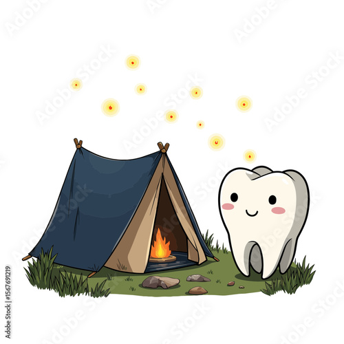Cartoon tooth character camping near a tent and campfire at night  