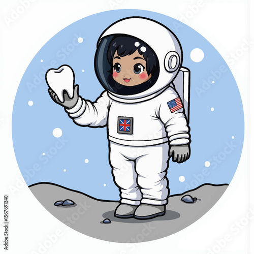 Young astronaut holding a tooth on a moon surface with stars  