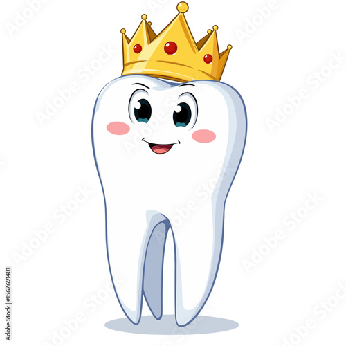 Cartoon tooth character wearing a crown and smiling happily  