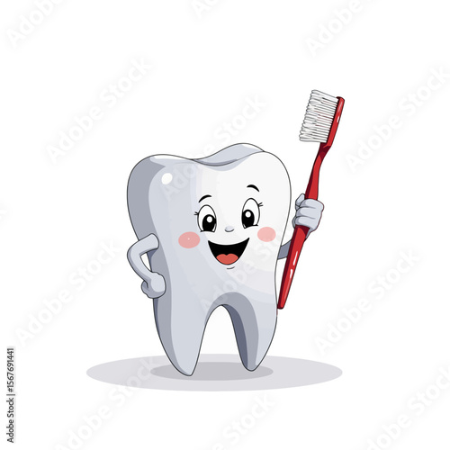 Cartoon tooth character holding a toothbrush and smiling happily  