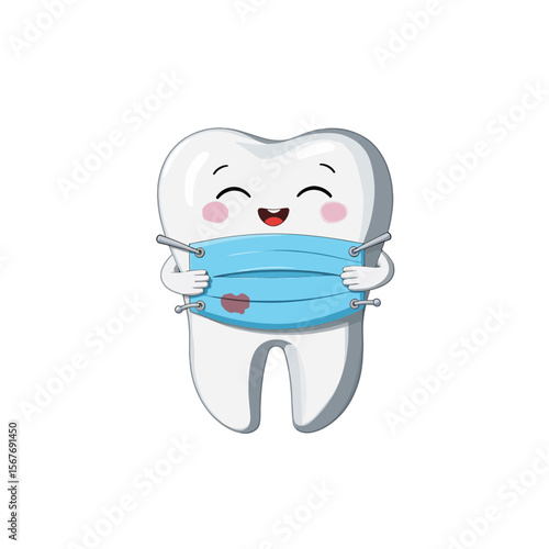 Cartoon tooth character wearing a blue mask and smiling happily  