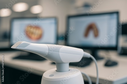 Modern dental office with advanced equipment. Digital dental impressions on monitors for orthodontics.