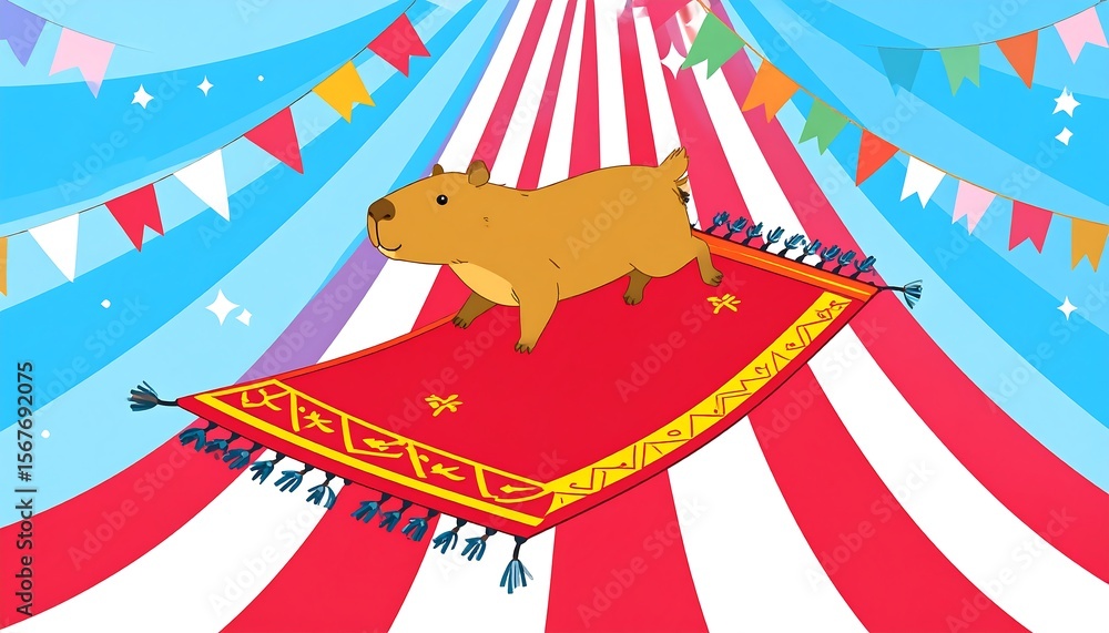 Obraz premium Adorable Cartoon Capybara on Magic Carpet in Colorful Circus Tent with Festive Decorations