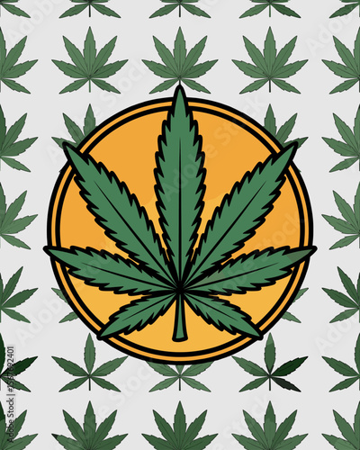 Green leaf design on a vibrant background with repeated patterns of cannabis leaves