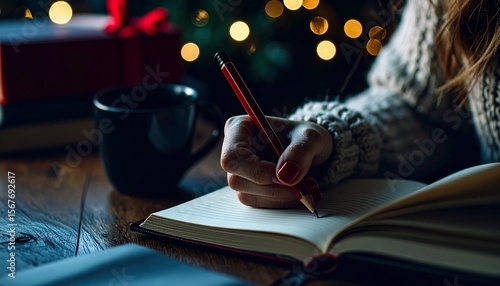 Woman writing in daily journal in a cozy, warmly lit room with holiday lights and hot drink, symbolizing mindfulness and creativity