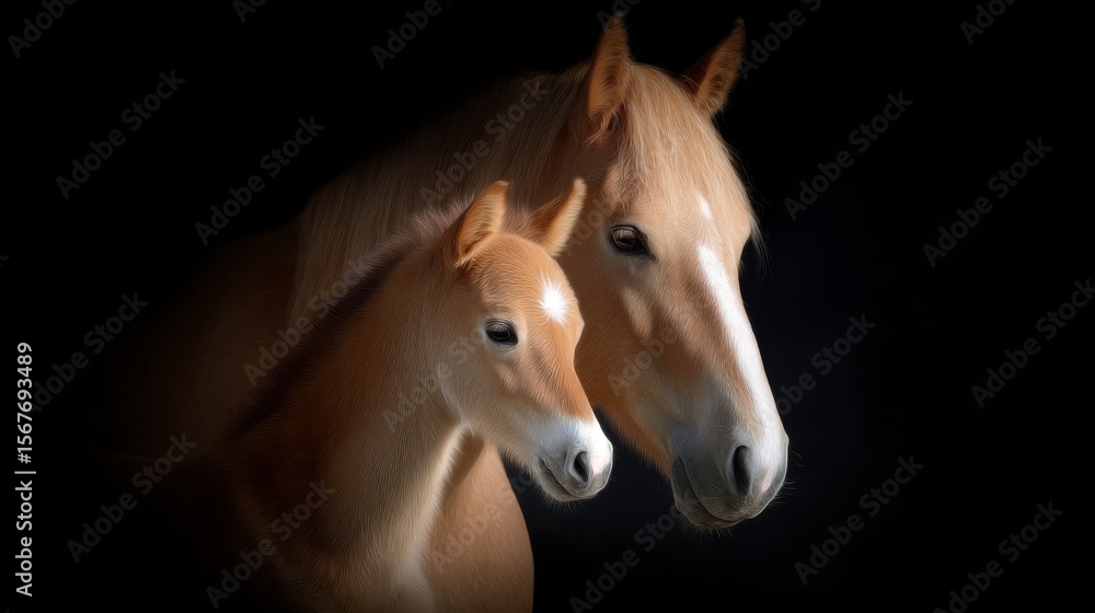 Obraz premium A stunning close-up of a mother horse and her foal. This image captures their gentle expressions and strong bond. Perfect for nature lovers and animal enthusiasts. AI