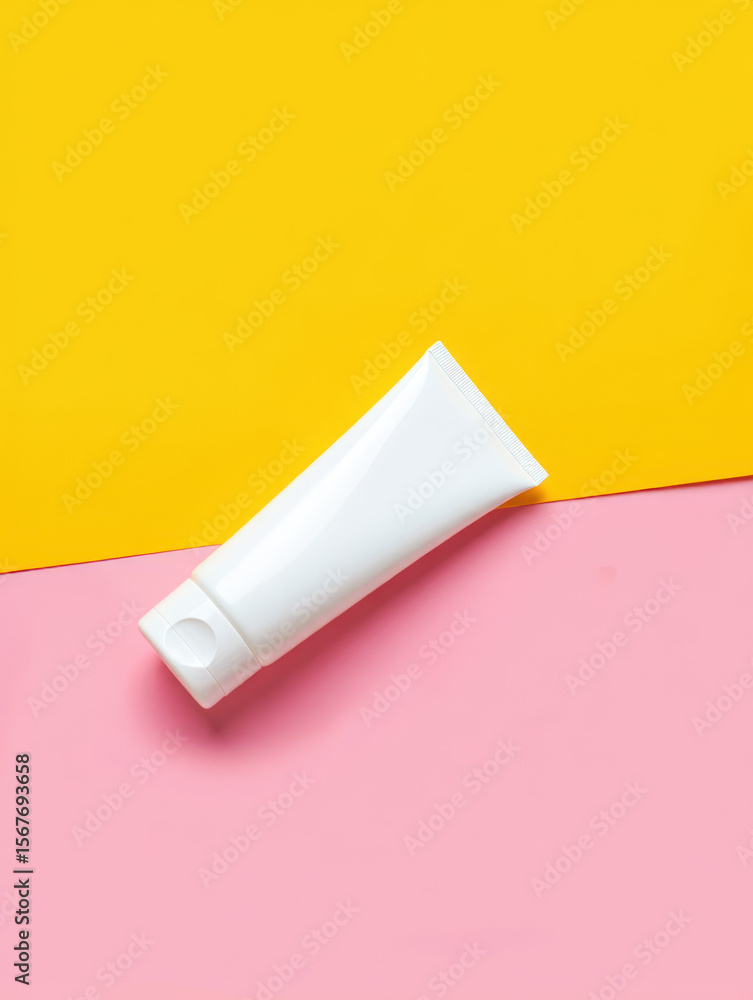 Cosmetic Tube Mockup on a Vibrant Two-Tone Background of Yellow and Pink Showcasing Product Design and Branding for Skincare or Beauty Products Cosmetic Tube Mockup on a Vibrant Two-Tone Background of Yellow and Pink Showcasing Product Design and Branding for Skincare or Beauty Products