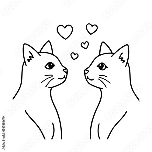 Pair of cats gazing with floating hearts above them on white background Vector illustration