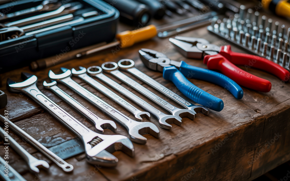Fototapeta premium A variety of tools are neatly arranged on a weathered wooden surface with even lighting and clearly visible textures and details