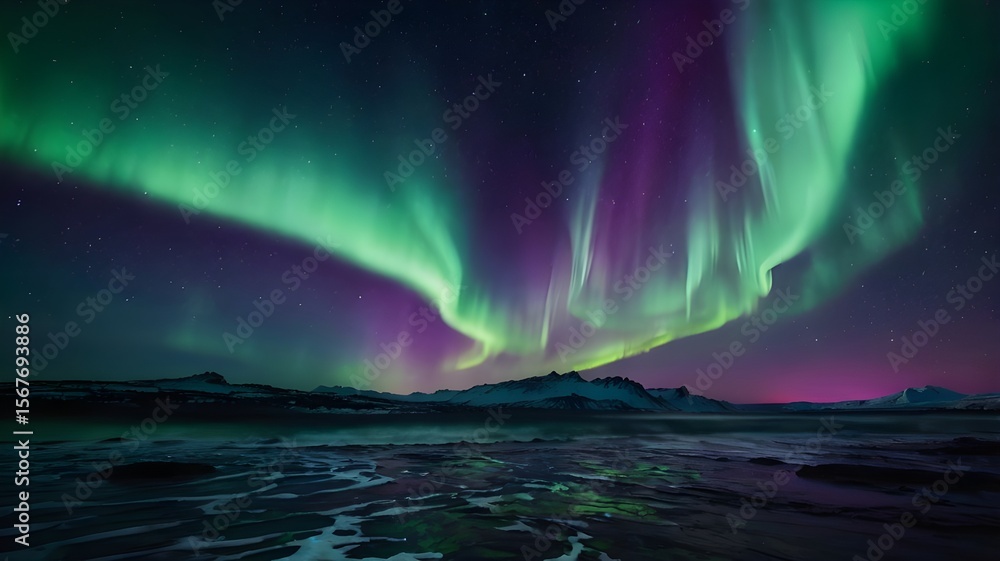 Naklejka premium Magical aurora borealis waves in a starry night sky, vivid green and purple lights, smooth blending, dark background, no humans