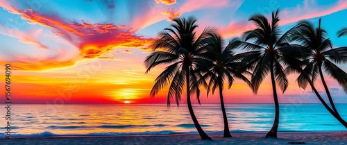 Fiery orange and pink sunset paints the sky over calm turquoise ocean, palm trees silhouetted on beach,  sea,  photo